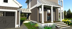 close up 3d rendering of Design 2 of The Modern Farmhouse Plan. shows a closeup of the breezeway, garage, and front door to house