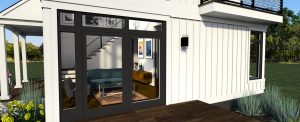 3d rendering of design 3 of the modern farmhouse plan- view showing the living room interior through the windows from the deck