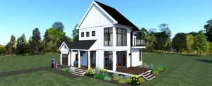 3d rendering of design 3 of the modern farmhouse- view of corner of house with high windows