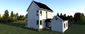 3d rendering of design 3 of the modern farmhouse- view of garage and breezeway rear