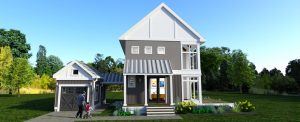 Front view of The Modern Farmhouse Design 2. 902 sq ft house with single car garage and breezeway