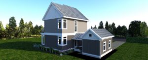 Rear view of The Modern Farmhouse Plan Design 2- 3d rendering. Shows back rear corner of the garage and house