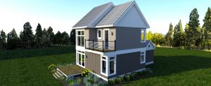 Rear corner view of The Modern Farmhouse Design 2 3d Rendering. Showing the side deck and 2nd floor Master Suite Terrace