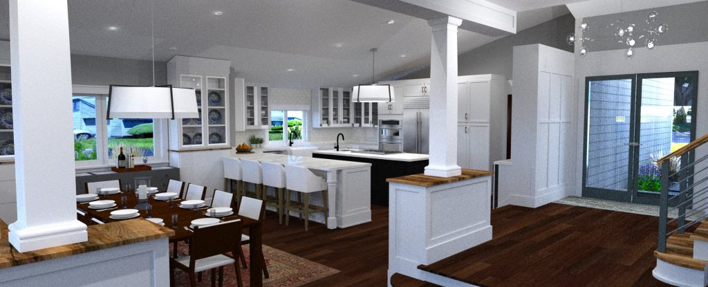 3d rendering of interior remodel for a condo kitchen and dining area