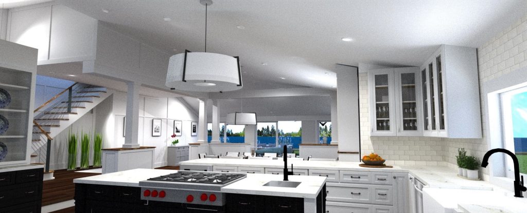 rendering of transitional style kitchen. view from inside of kitchen looking towards the living room