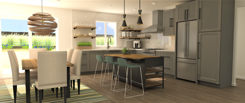 3d rendering of a small kitchen and dining room open concept design in Vallejo, California