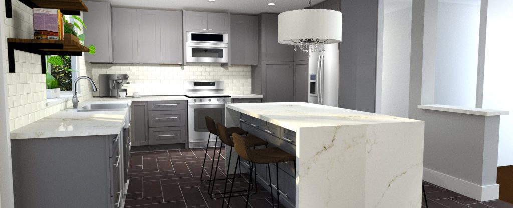 rendering of modern kitchen design with gray cabinetry, marble waterfall edge island, drum pendant light over island