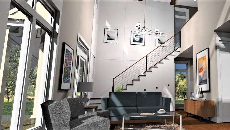 interior rendering of The Modern Farmhouse Plan living room. View from the patio door to the staircase and loft.