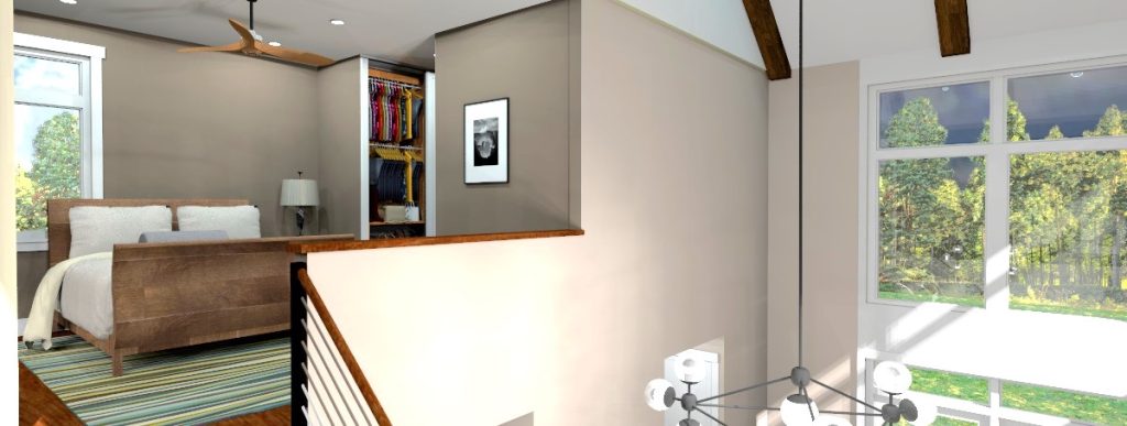 3d rendering of loft master bedroom suite with a view of the built-in wardrobe closet.
